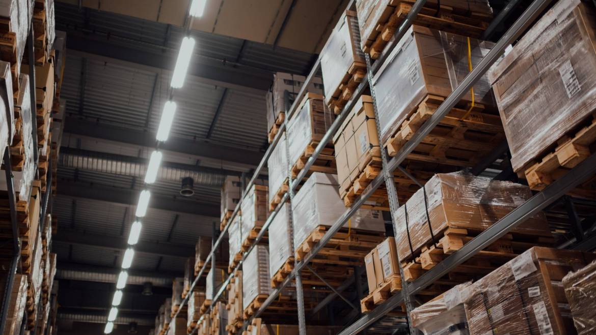 Racked pallets in a climate controlled warehouse