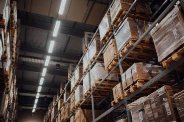Racked pallets in a climate controlled warehouse