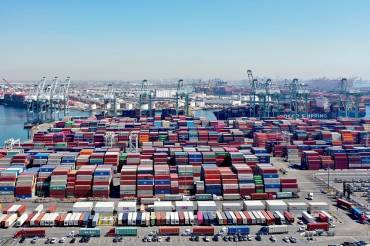 aerial footage of California port backlog for supply chain container ships