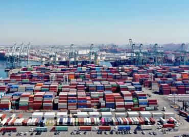 aerial footage of California port backlog for supply chain container ships