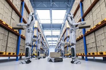 Warehouse robots efficiently stacking racks in a rhode island warehouse