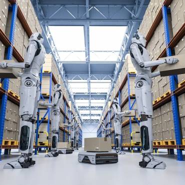 Warehouse robots efficiently stacking racks in a rhode island warehouse