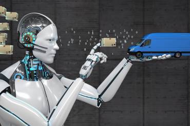 humanoid robot showing the benefits of ai trucking software as it points to a delivery van