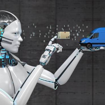humanoid robot showing the benefits of ai trucking software as it points to a delivery van