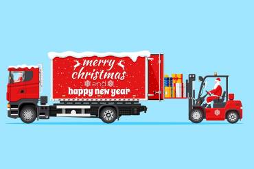 Santa clause driving a forklift loading a 3pl truck for holiday shipping